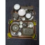 Two boxes of Denby pottery tea and dinner ware,