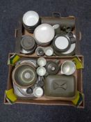 Two boxes of Denby pottery tea and dinner ware,