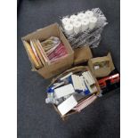 Four boxes containing hole punch duplicate books, till rolls with till draw etc.