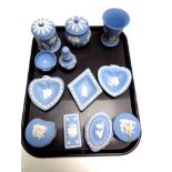 A tray of twelve pieces of Wedgwood blue and white Jasperware CONDITION REPORT: One