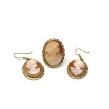 A pair of 9ct gold mounted cameo earrings togehter with a matching ring.