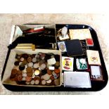 A tray of miscellany to include pocket lighters, cigarette case with lighter, antique key,