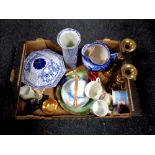A box of antique brass candlesticks, antique and later china including Doulton jug,