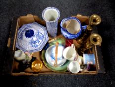 A box of antique brass candlesticks, antique and later china including Doulton jug,