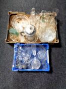 Two boxes containing assorted 20th century and later glassware to include decanter,