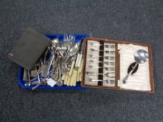 A tray of a large quantity of boxed and unboxed plated cutlery