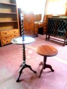 A 20th century oak barley twist wine table/standard lamp together with a further wine table