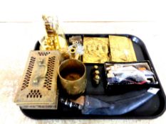 A tray of anniversary clock under shade, assorted brass ware, Kukri knife,