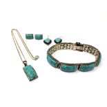 A collection of white metal and turquoise mounted jewellery, bracelet,