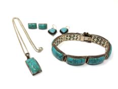 A collection of white metal and turquoise mounted jewellery, bracelet,