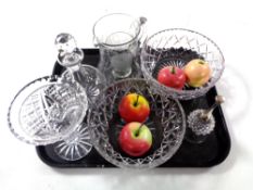 A tray of assorted glass ware - lead crystal vase, fruit bowls, decanter,