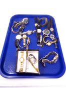 A tray containing assorted lady's and gents wristwatches to include Citron, Sekonda, Rotary etc.