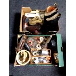 Two boxes containing miscellaneous to include cutlery tray and cutlery, shaving mirror, poss stick,