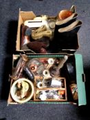 Two boxes containing miscellaneous to include cutlery tray and cutlery, shaving mirror, poss stick,