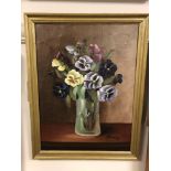 R Henning : Still life with flowers in a vase, oil on board, 29 x 39 cm, framed.