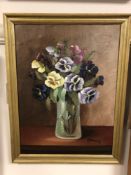 R Henning : Still life with flowers in a vase, oil on board, 29 x 39 cm, framed.