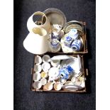 Two boxes containing miscellaneous china to include Ringtons caddies and jugs, ginger jars,