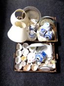 Two boxes containing miscellaneous china to include Ringtons caddies and jugs, ginger jars,