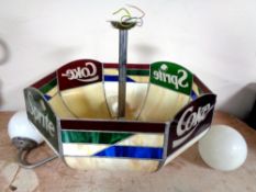 A 20th century chrome light fitting with Coke/Sprite leaded glass shade (a/f)