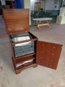 An inlaid mahogany audio cabinet together with a Hitachi hifi system