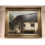 Continental school : A thatched cottage, oil on canvas, 47 x 37 cm, framed.