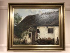 Continental school : A thatched cottage, oil on canvas, 47 x 37 cm, framed.