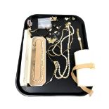 An 18ct gold plated necklace, together with earrings, watches, costume pearls, earrings etc.