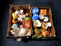 Two boxes of assorted china to include Ringtons caddies, cottage ware, china flower posies,