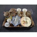 A box of antique and later pottery and china to include pottery jugs, commemorative mugs,