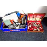 A box of assorted plated wares, boxed and unboxed cutlery, enamelled jug,