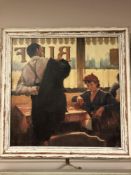 A contemporary print on board depicting a cafe interior, 39 x 39 cm, framed.