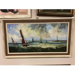 J Hudspeth : Boats at high tide, oil on board, 79 x 39 cm, framed.