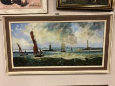 J Hudspeth : Boats at high tide, oil on board, 79 x 39 cm, framed.