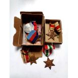 Five World War II medals on ribbons to include War Medal, African Star (x2), 1939-45 Star,