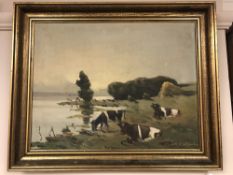 Continental school : Cattle watering, oil on canvas, 39 x 30 cm, indistinctly signed, framed.