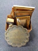 A box of assorted pictures - gilt composite frames, metal framed mirror,