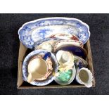 A box containing antique and later china to include blue and white turkey plates, wall plates,