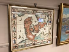 A continental hand coloured map, 53 x 46 cm, framed.