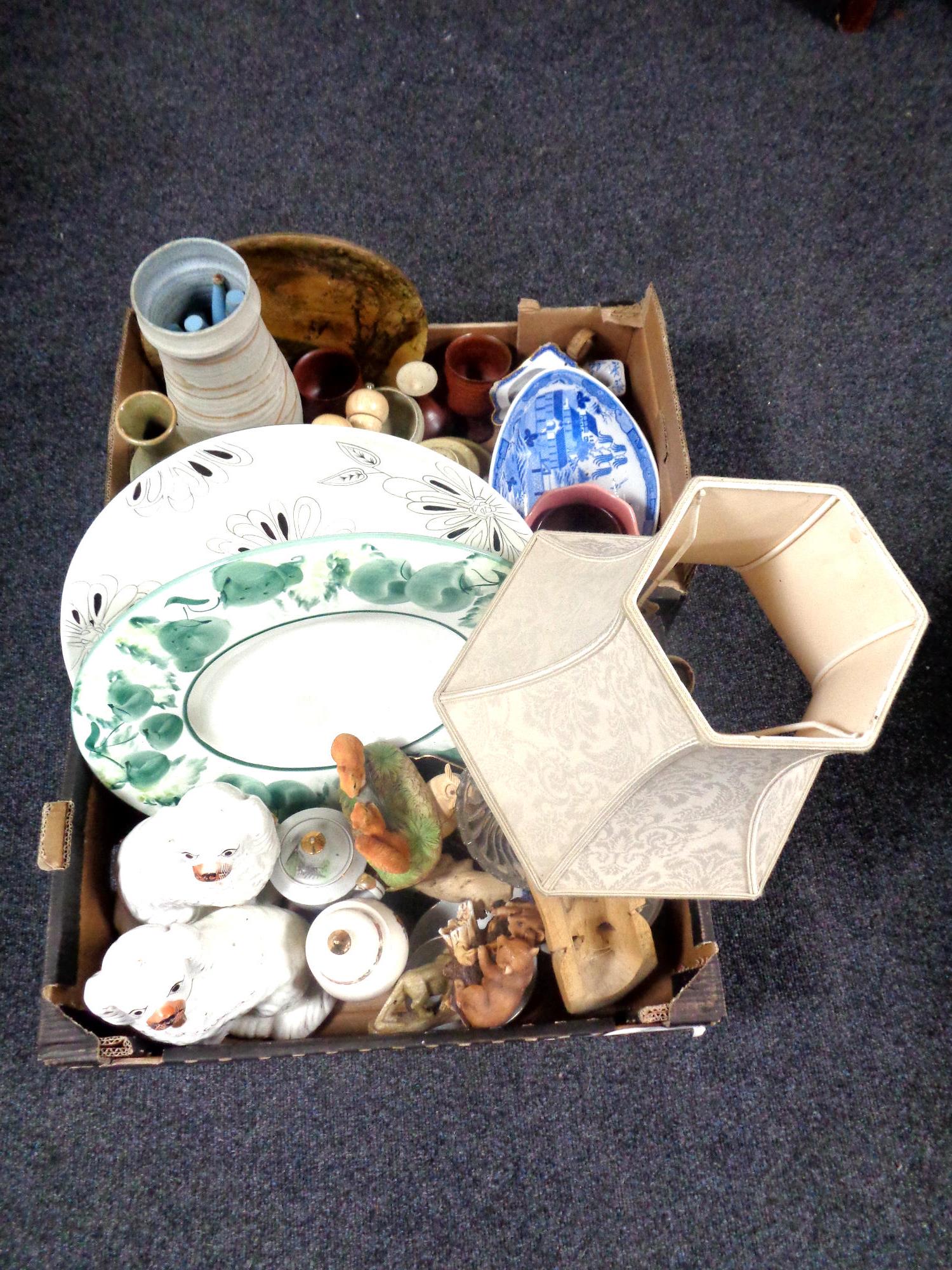 Two boxes containing miscellaneous to include pottery vases and jugs, oriental wares, chargers,