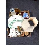 Two boxes containing miscellaneous to include pottery vases and jugs, oriental wares, chargers,