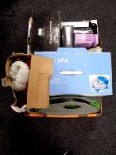 Two boxes of electricals - foot spa, car fridge, massager,