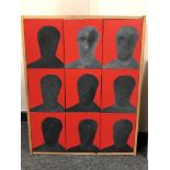 A contemporary oil on canvas depicting silhouettes, 61 x 66 cm, framed.