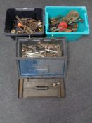 Two plastic crates containing a large quantity of assorted hand tools together with a tool box