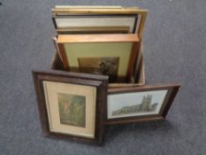 A box containing a quantity of assorted framed pictures and prints.