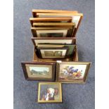 A box of assorted pictures - continental school oils on canvases, framed map of Northumberland,