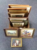 A box of assorted pictures - continental school oils on canvases, framed map of Northumberland,