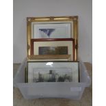 A box of assorted pictures and prints to include colour etchings, Dunstanburgh, Newcastle,