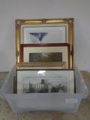 A box of assorted pictures and prints to include colour etchings, Dunstanburgh, Newcastle,