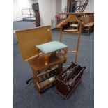 A valet stand together with a bed table, oak magazine table, fitted a drawer,
