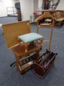 A valet stand together with a bed table, oak magazine table, fitted a drawer,